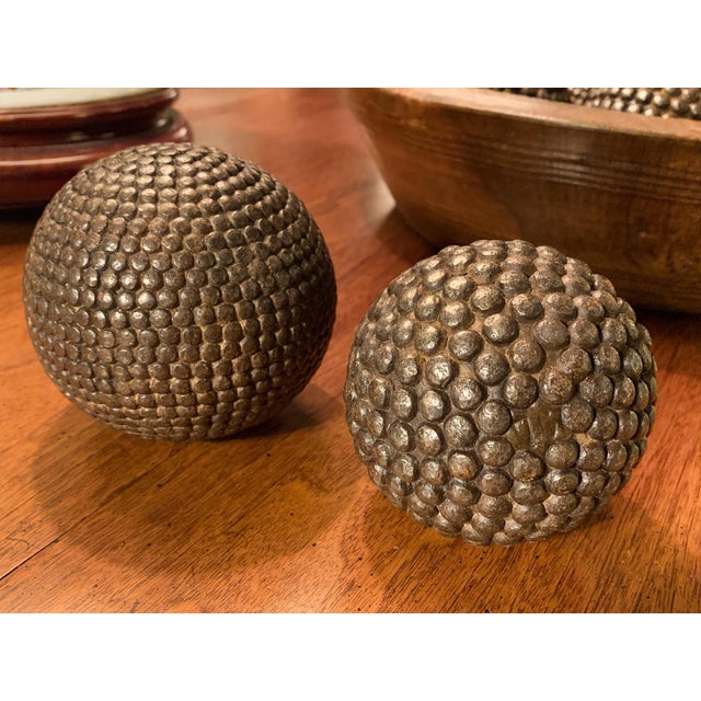 Wooden Bowl With 9 French Iron Boules For Sale - Image 4 of 14