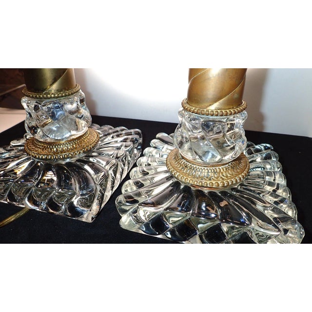 1920s 1920's French Traditional Crystal/ Swirl Brass Columnar Form "Bambous" Table Lamps by Baccarat a - Pair For Sale - Image 5 of 12
