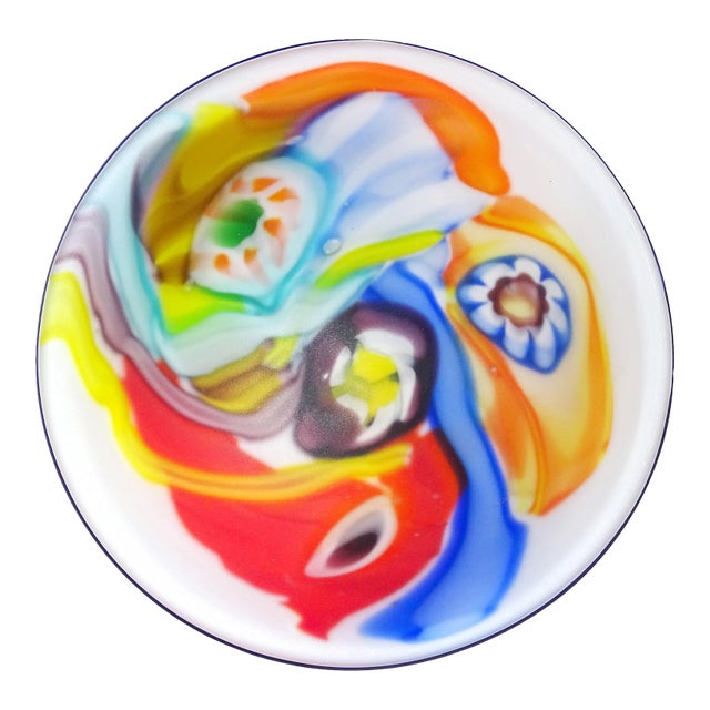 Arte Murano Icet Millefiori Flowers Rainbow Color Streaks Art Glass Decorative Satin Surface Bowl For Sale