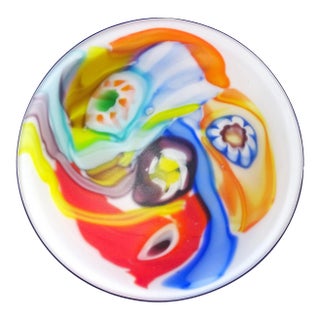 Arte Murano Icet Rainbow Millefiori Flowers Color Streaks Art Glass Decorative Satin Surface Bowl For Sale