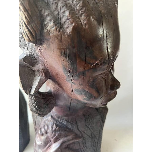 Pair of Vintage Traditional African Ebony Wood Man & Woman Carving Busters For Sale - Image 9 of 17
