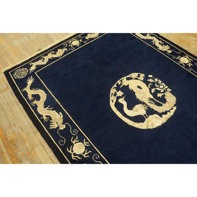 1900s Blue Navy Dragon Crane Medallion Antique Chinese Peking Carpet Rug For Sale In New York - Image 6 of 7