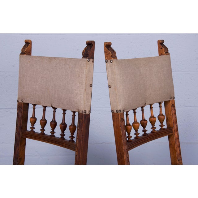 Antique French Renaissance Henry II Style Walnut Dining Chairs W/ Linen Fabric - Set of 6 For Sale - Image 10 of 13
