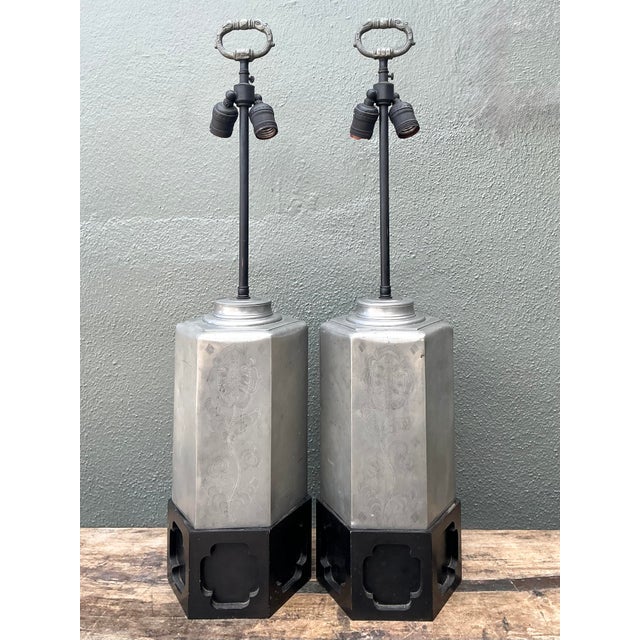 Mid-Century Modern Vintage Etched Metal Lamps - A Pair For Sale - Image 3 of 12