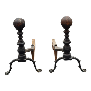 Pair of Federal Cannonball Iron and Brass Andirons, Circa 1800s