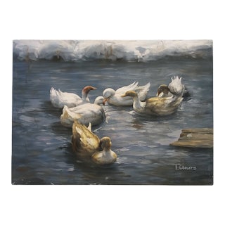 Easter-Vintage Signed “Francis” Duck Pond Painting on Artist Board – Original Waterfowl Art For Sale