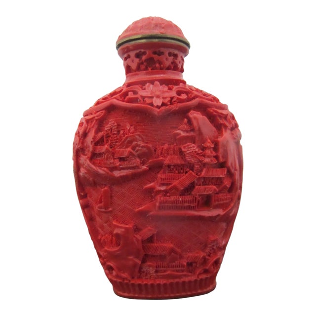 Vintage Chinese Carved Red Cinnabar Lacquer Village Scene Snuff Bottle For Sale