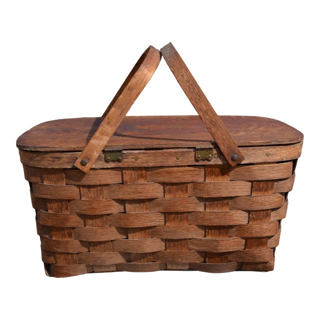 Mid 20th Century Woven Wood Picnic Basket - For Sale