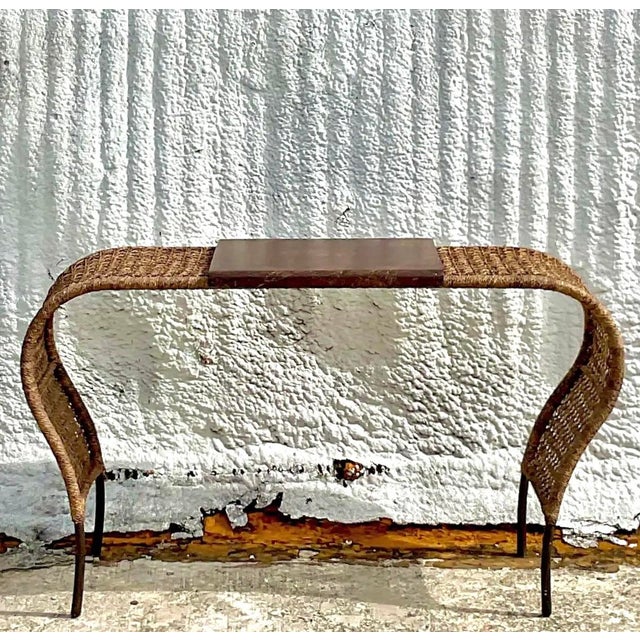 Vintage Coastal Woven Rattan and Pen Shell Console Table For Sale - Image 4 of 7