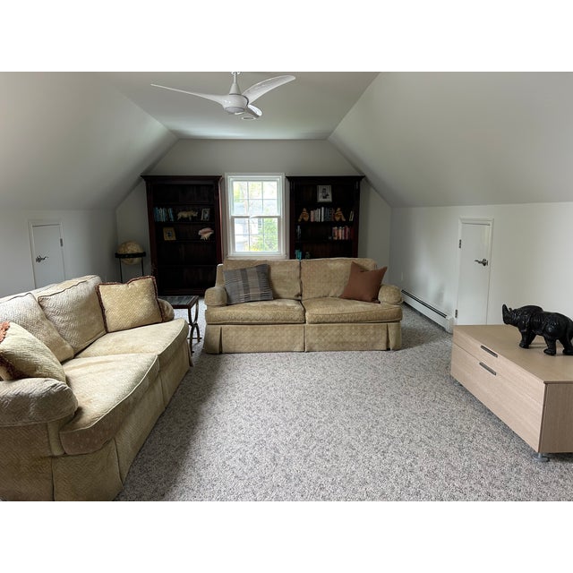 Hancock and Moore patterned dark beige velvet sofas. Very comfortable, deep cozy seating but still super supportive...