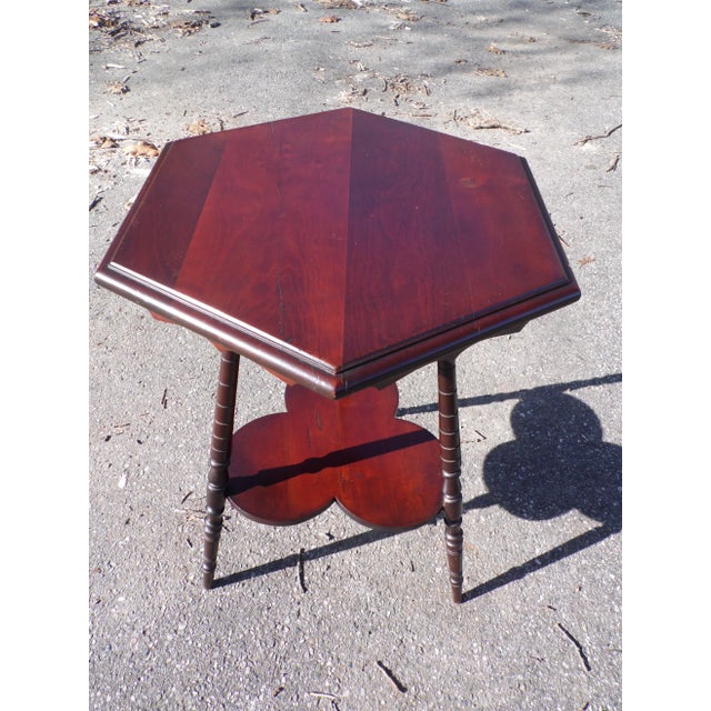 Wood Vintage Solid Cherry Wood Tripod Hexagon 2 Tier Plant Stand Accent Table For Sale - Image 7 of 13