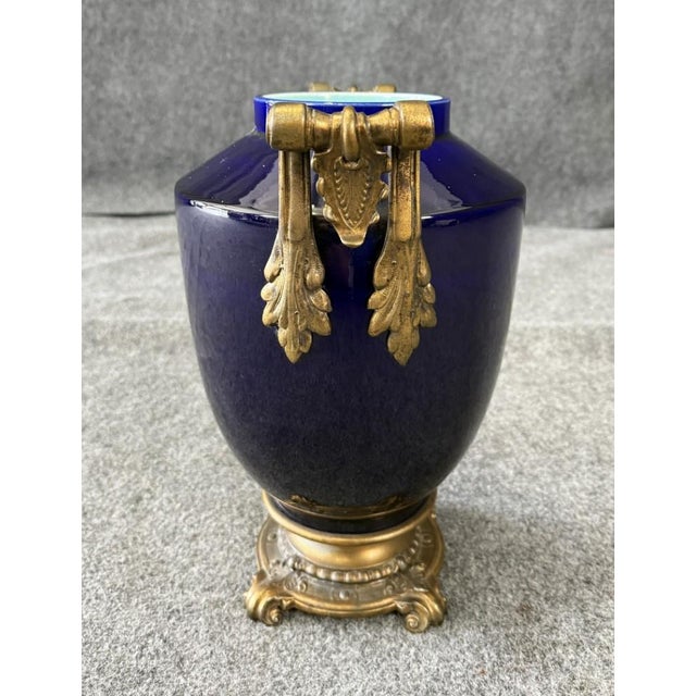Traditional Early 1900's Cobalt Blue Ceramic Vase With Brass Handles For Sale - Image 3 of 8