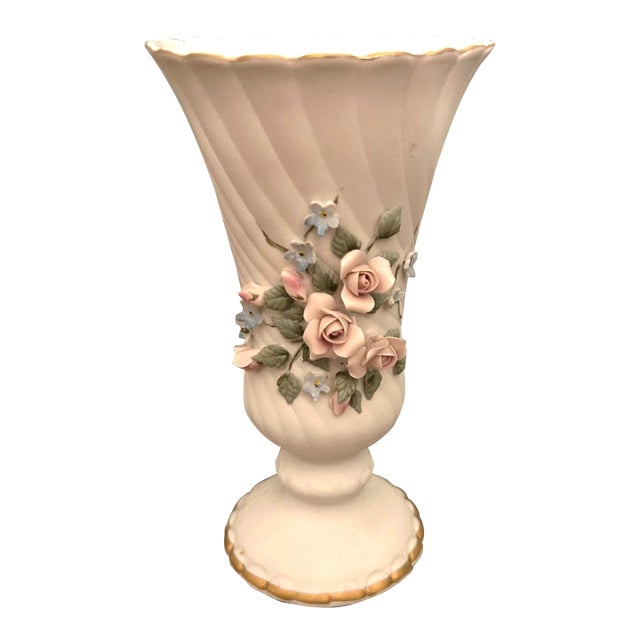 Lefton Vintage Bisque Floral Swirl Hand-Painted Pedestal Vase With Gold Trim For Sale