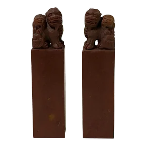 Pair Chinese Soap Stone Carved Foo Dogs Seal Stamp Display