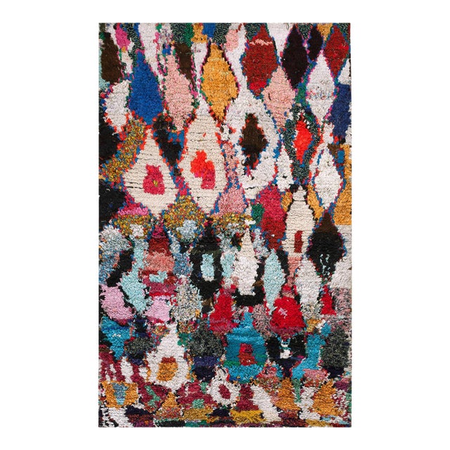 Antique / Vintage Mid Century Bold Tribal Colorful Moroccan Boucherouitte Hallway Runner Wool and Rag North African Area Rug For Sale