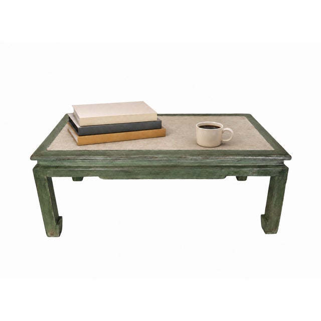 A Vintage Ming-Style Coffee Table With a Green and White Raffia Inlay. For Sale - Image 13 of 13