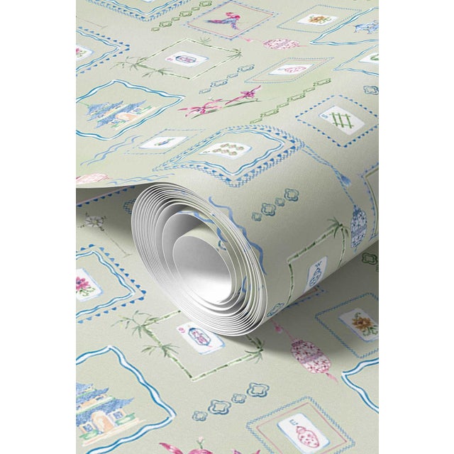 Mahjong Tile Grasscloth Wallpaper by House Party | Green Dragon | 6 Yards For Sale In Charlotte - Image 6 of 9