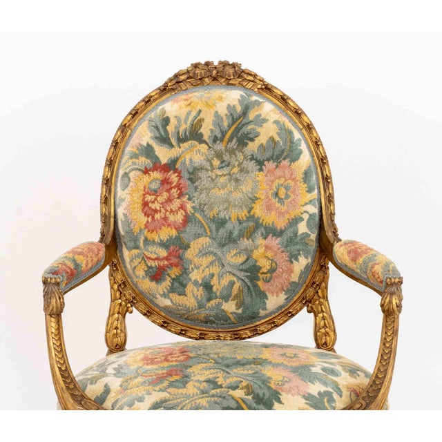 Pair of Louis XVI Style Tapestry Upholstered Giltwood Fauteuils For Sale - Image 11 of 12