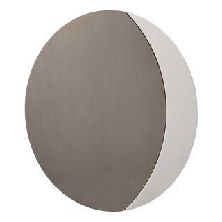 Large Italian Smoke-Tinted Round Mirror with White Geometric Segment, 1980s For Sale