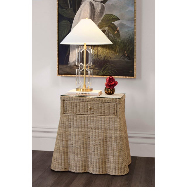 New special order item. Made from woven rattan, the Giselle Side Table features a flared scalloped base with one drawer...