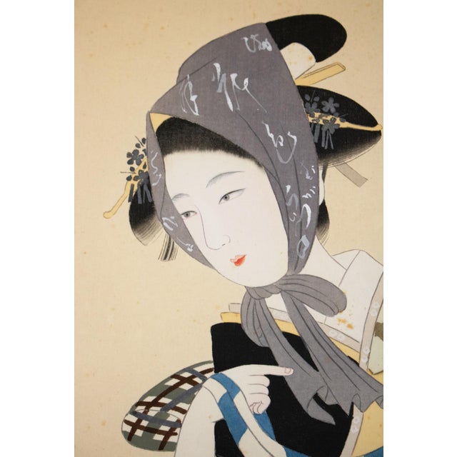 "Beauty With a Puppet" by Getsudo, Showa Era Japanese Silk Scroll Painting For Sale - Image 10 of 18