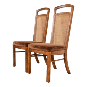 Drexel Heritage Mid-Century Modern Walnut and Cane High Back Side Chairs or Dining Chairs, Pair
