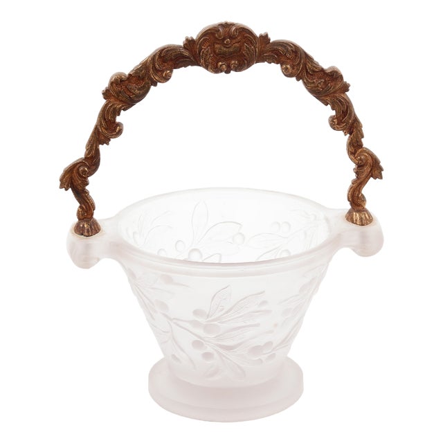 French Art Deco Frosted Glass and Gilt Bronze Basket from Etling Paris, 1930s For Sale