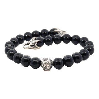 1990s David Yurman Onyx Carved Prayer Beads Bracelet 8.5" Silver Estate For Sale