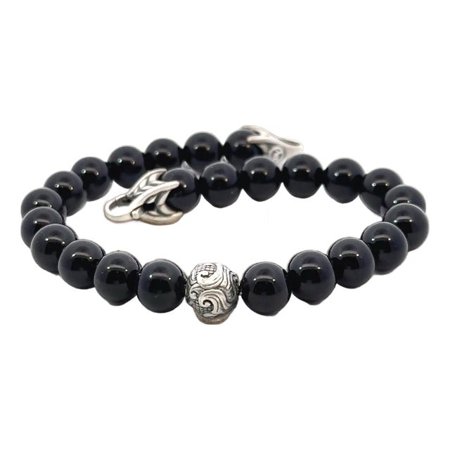 1990s David Yurman Onyx Carved Prayer Beads Bracelet 8.5" Silver Estate For Sale