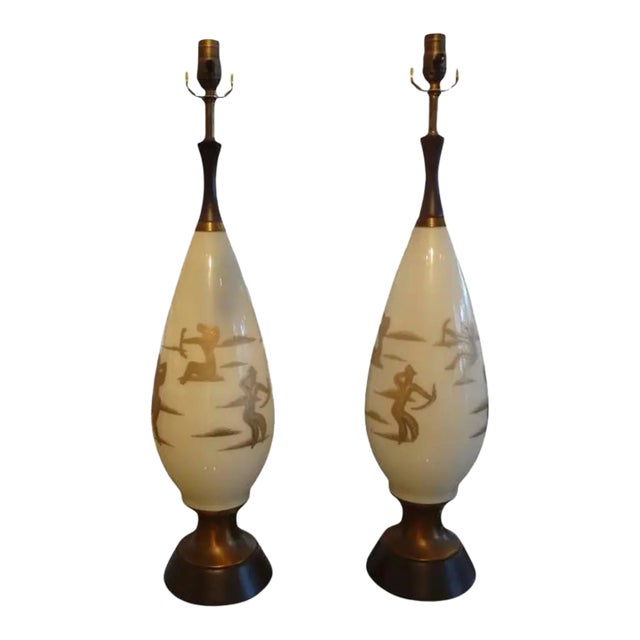 Pair of Hollywood Regency Gerald Thurston Style Gilt Decorated Glass Lamps For Sale