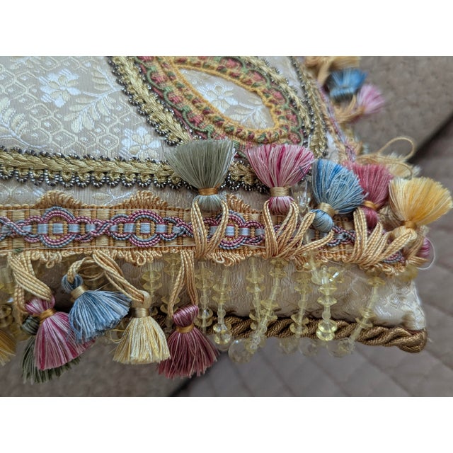 Custom Scalamandre Silk Pillows With Weave Applique and Tasseled and Beaded Crystal Fringe For Sale - Image 9 of 11