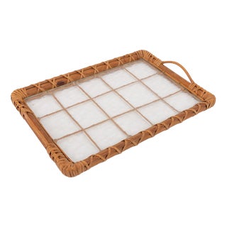 Vintage Italian Wicker and Glass Serving Tray, Italy, 1970s For Sale