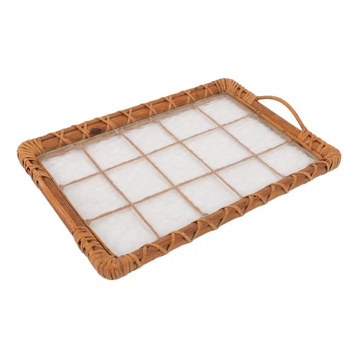 Vintage Italian Wicker and Glass Serving Tray, Italy, 1970s For Sale