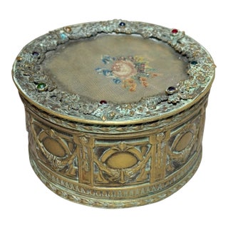 Antique Ornate 1800s Austrian Petit Point Jeweled Cylindrical Casket Jewelry Box For Sale