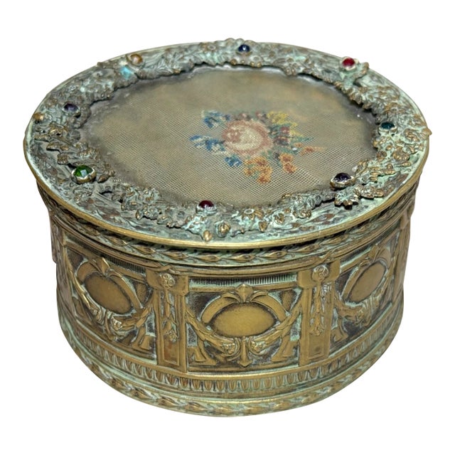 Antique Ornate 1800s Austrian Petit Point Jeweled Cylindrical Casket Jewelry Box For Sale