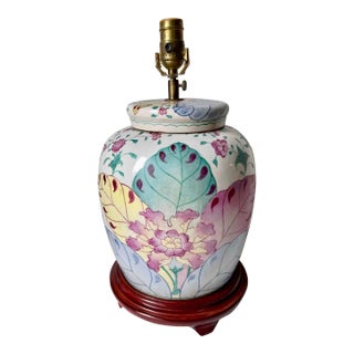 Tobacco Leaf Chinoiserie Lamp-Wood Pedestal Base For Sale