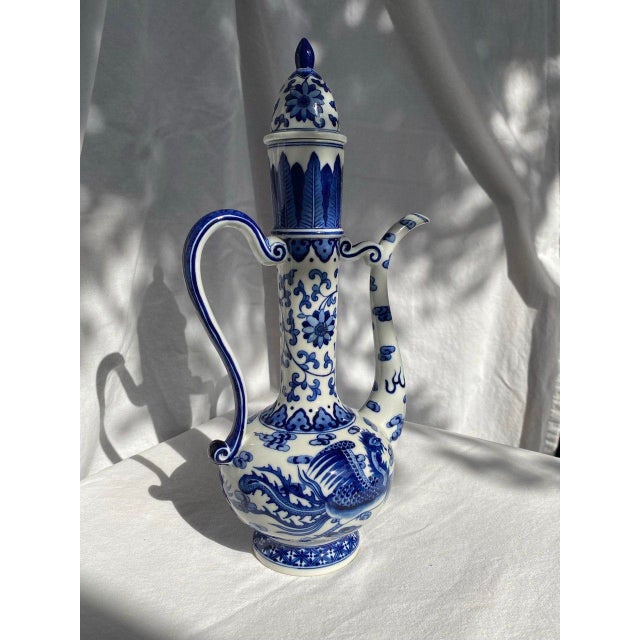 Mid 20th Century Blue & White Dragon Ewer With Yongzheng Mark – Tall Lidded Chinese Porcelain Pitcher For Sale - Image 4 of 16