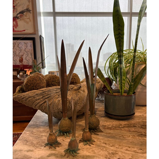 1980s Miniature Postmodern Italian Carnevale Verdigris Metal Bulb Vases, Rare Set of Three For Sale - Image 4 of 5