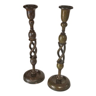 French Hand-Painted Wooden Candlesticks, 1970s, Set of 2 For Sale