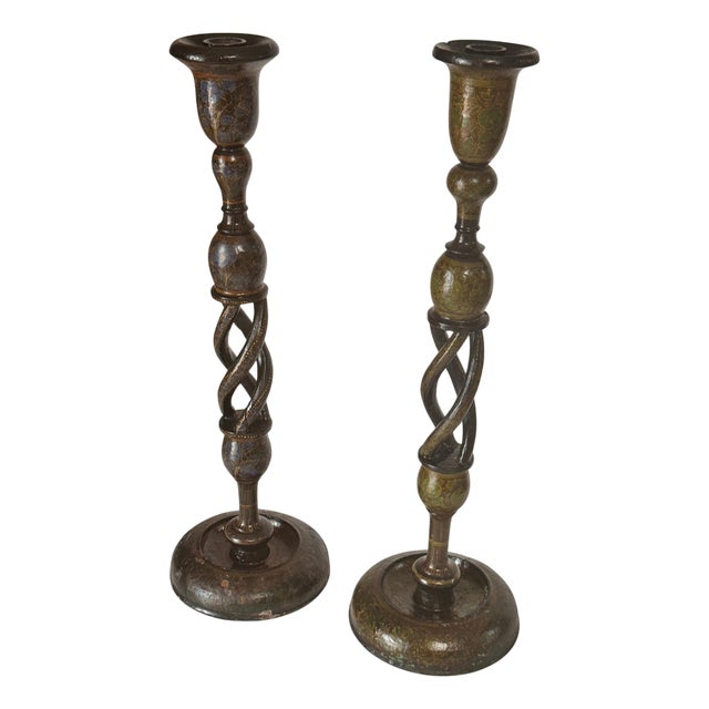 French Hand-Painted Wooden Candlesticks, 1970s, Set of 2 For Sale