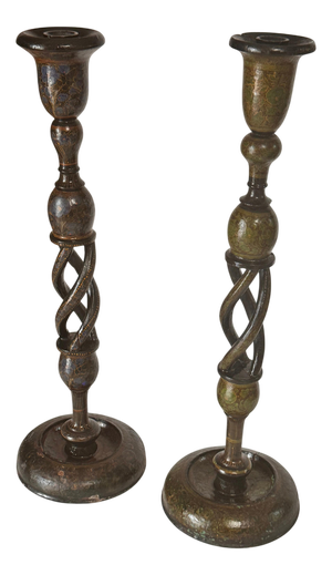 French Hand-Painted Wooden Candlesticks, 1970s, Set of 2