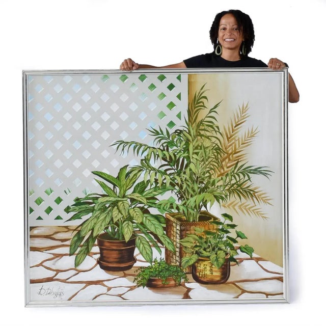 Vintage 1970s Large Green and White House Plant Painting by DeLongprie For Sale - Image 4 of 10