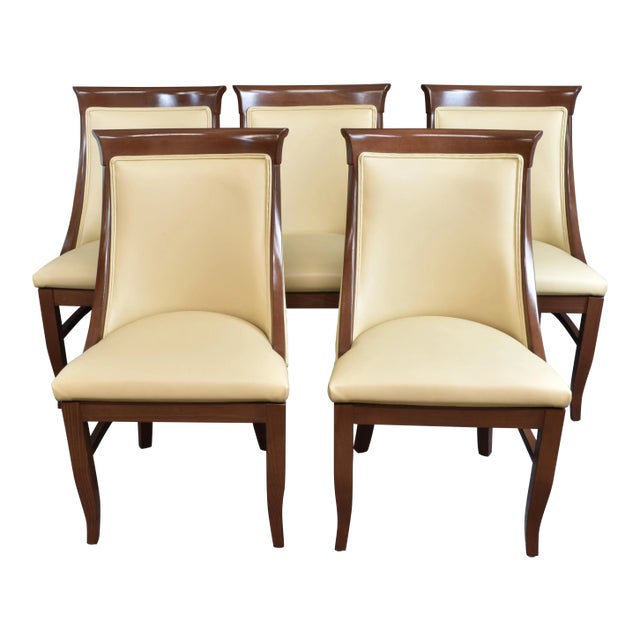 Modern High Back Sloping Arms Wood Trim Leatherette Dining Chairs - Set of 5 For Sale