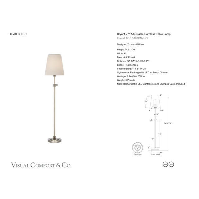 Thomas O'Brien by Visual Comfort Signature Bryant 27" Adjustable Cordless Table Lamp in Polished Nickel with Linen Shade...
