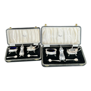 Mid 20th Century Lot of 2 Sets of Harrods Sterling Silver Salt & Pepper Cellars