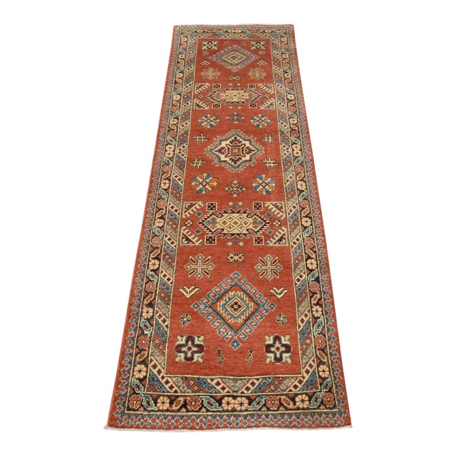 Kazak Runner 2’7” X 7’7” Red Wool Tribal Hand-Knotted Oriental Rug For Sale