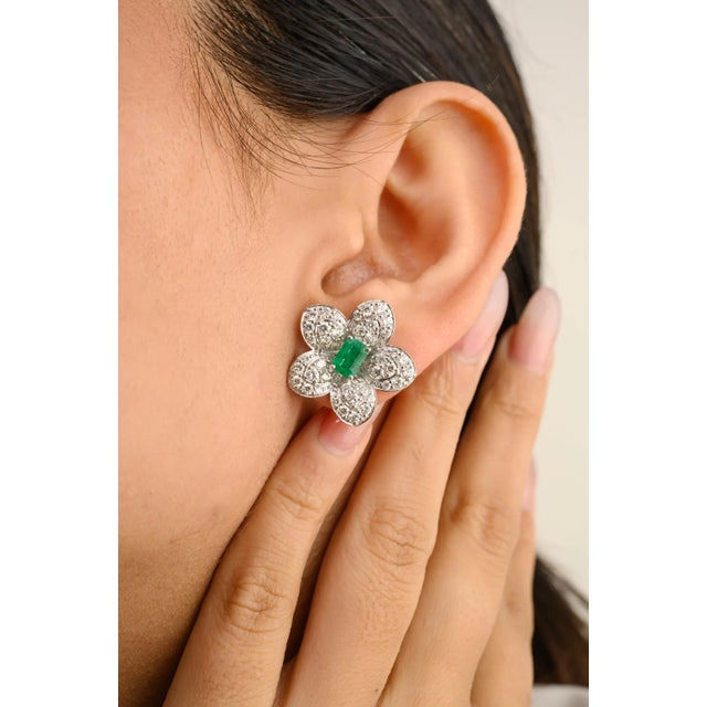 This is part of Chairish’s Fine Jewelry assortment. Floral Emerald Diamonds Blossom Flower Cluster Stud Earrings are...