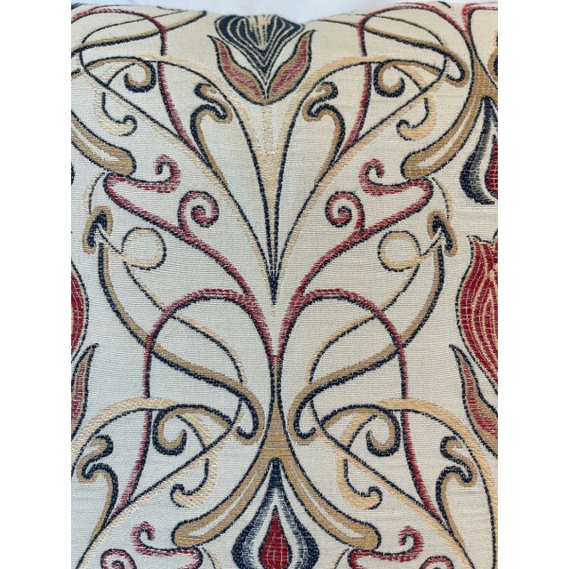 2020s Large Bolster Pillow Decorated in a Needlepoint Look Classic Renaissance Scroll and Floral Pattern With Rich Blue Velvet-Like Back - Made in the U K For Sale - Image 5 of 10