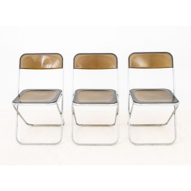 Set of Three Giancarlo Piretti for Castelli "Plia" Style Folding Smoky Lucite Chairs, with chromed frames. 30.5" H x 18" W...