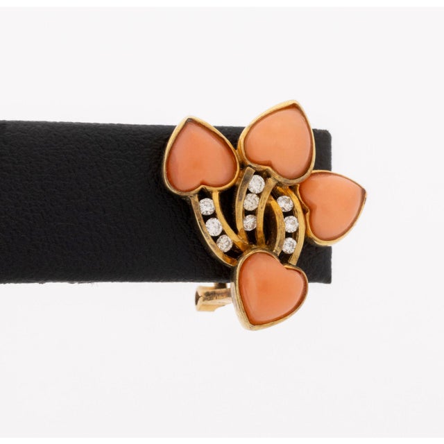 Contemporary Vintage Modernist 14k Yellow Gold and Coral Diamond Earrings For Sale - Image 3 of 7